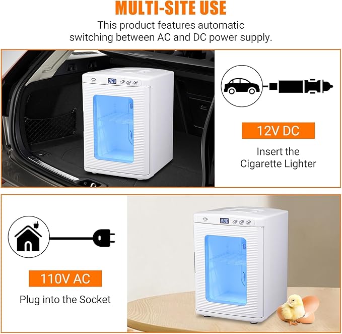 25L Reptile Incubators for Hatching Eggs, Digital Science Lab Incubator,Cooling and Heating 10-60°C, 12VAC/110VDC Dual-Power Small Portable Incubator for Laboratory, Home, Vehicle, White