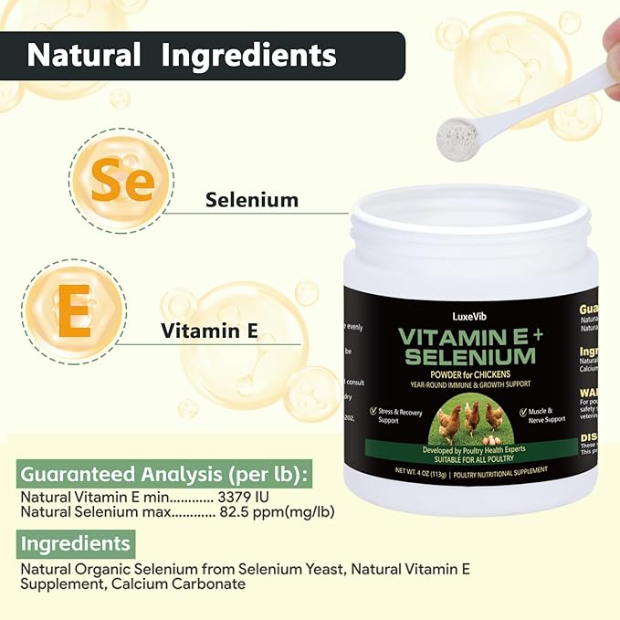 Selenium & Vitamin E Powder for Chickens, Selenium for Chickens, Immune System, Muscle Support & Prevents, Improve Wry Neck, Selenium, Vitamin E Supplements, Suitable for All Poultry