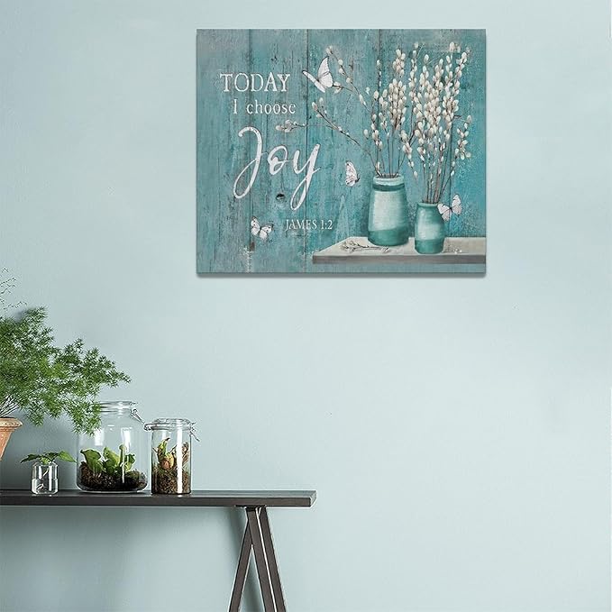 Farmhouse Teal Flower Wall Art Rustic Teal Floral Butterfly Pictures Wall Decor Country Pussy Willow Canvas Prints Flower Artwork Home Decoration For Bathroom Bedroom Kitchen Framed 24"x20"