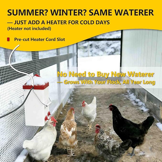 Hanging Chicken Waterer, 1 Gallon PVC Chicken Waterer with 2 Auto-Fill Cups & Horizontal Nipples, Hooks for 15mm×15mm+ Mesh, Suitable for Chicks, Chickens, Quail, Pigeons & Gamebirds