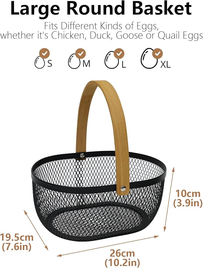 Farmhouse Egg Baskets for Gathering Fresh Eggs, Oval Metal Egg Collecting Basket Egg Holder with Wooden Handle, Countertop Kitchen Decor