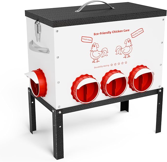 Automatic Chicken Feeder No Waste 50 Pounds 8 Ports Metal Poultry Feeder with Latch & Handle Adjustable Height Heavy-Duty Stand - Outdoor Feeding Station for Chickens, Ducks & Geese(Black-50LB-8Port)