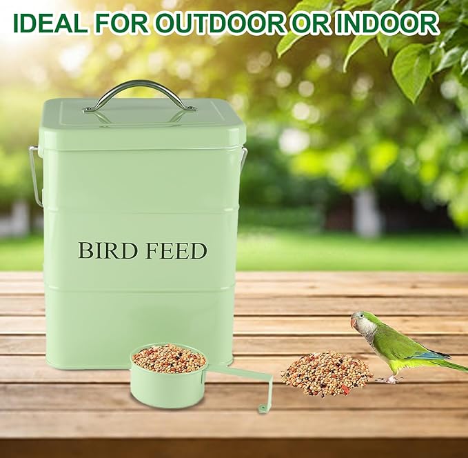 Bird Seed Storage Container Airtight,5~6LB Metal Bird Food Container with Scoop,Wild Bird Seed Tin for Storing Sunflower Seed-Ideal for Outdoor or Indoor-Squirrel proof -Green