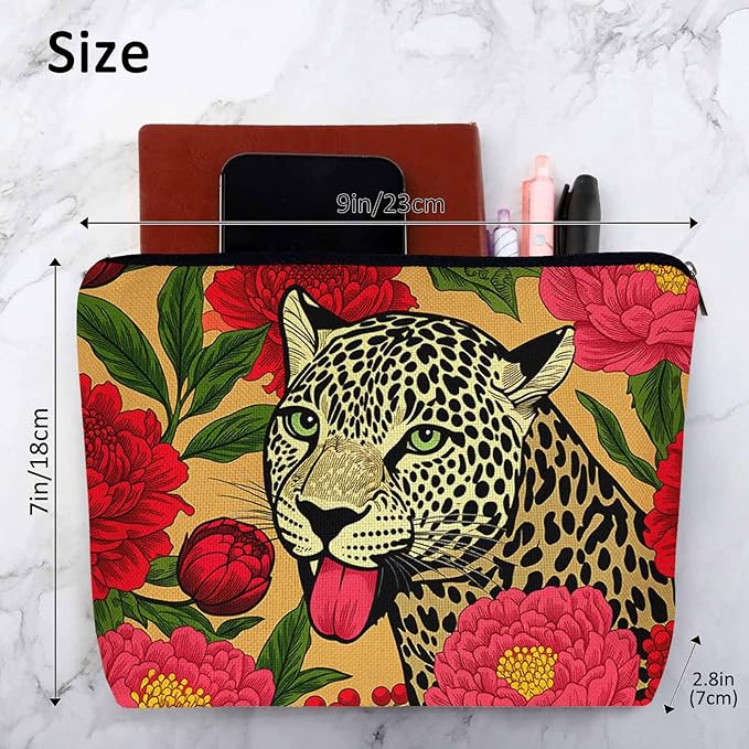 Woman Makeup Bag Leopard, Wildlife Leopard Panther Peonies Red Makeup Bags Travel Cosmetic Bags Toiletry Makeup Organizer Pencil Pouch Make Up Cosmetic Bag For Owners Lady Birthday Gifts