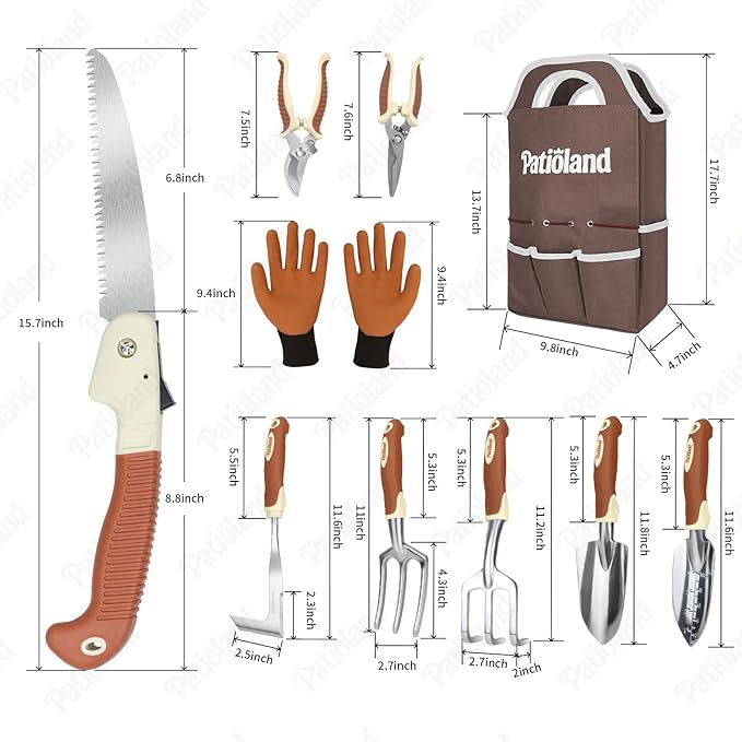 10-Piece Garden Tool Set, Brown Gardening Hand Tools with Non-Slip Handles, Heavy Duty Rust-Proof Aluminum Tools, Organizer Tote Bag & Gardening Gloves, Ideal Gardening Gifts for Women and Men