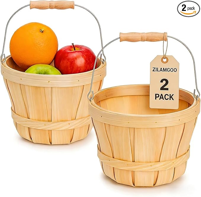 ZILAMGOO 2-Pack Apple Baskets Wooden Bushel Style – Handwoven Round Wood Fruit Baskets with Metal Handle – Rustic Farmhouse Bucket for Produce, Harvest, Holiday Display & Gifting