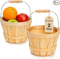 ZILAMGOO 2-Pack Apple Baskets Wooden Bushel Style – Handwoven Round Wood Fruit Baskets with Metal Handle – Rustic Farmhouse Bucket for Produce, Harvest, Holiday Display & Gifting