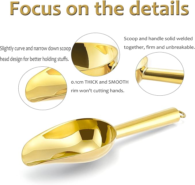 Mini Ice Scoop Set of 6, E-far 3 Ounce Gold Stainless Steel Scoops for Candy/Flour/Sugar, Small Metal Scoops for Party/Canisters Jars/Kitchen Bar/Ice Maker, Rust Proof & Dishwasher Safe