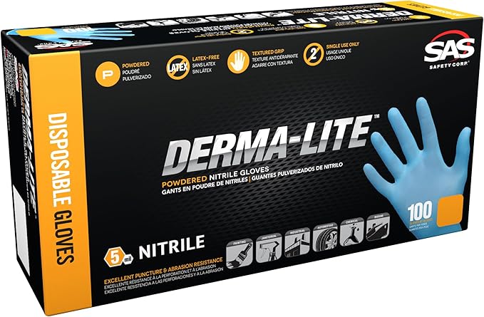 Derma-Lite Powdered Nitrile Disposable Gloves - Medium. 5 Mil Thickness. Chemical and Puncture Resistant. Lightly Textured. Non-Latex. Single-Use Only (6607)