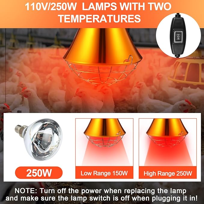 Honoson 4 Pcs 250w Chicken Heat Lamp for Winter Chicken Coop Heater Brooder Heater with Heat Lamp Aluminum Alloy Shade & 6.6' Hanging Chain Radiant Chick Coop Accessories Heated Warmer for Chick Pet