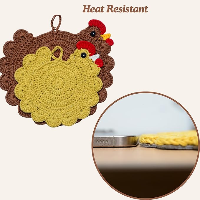 Handmade Crochet Chicken Trivets Set of 2, Chicken-Gifts, Valentine Gifts, Pot Holders, Heat Resistant Farmhouse Kitchen Home Decor, Cooking, Baking, Cute Desk Accessories, Tabletop Protection (2pcs)