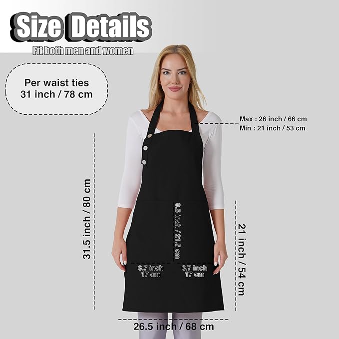 TOSHE Kitchen Apron Waterdrop Resistant Cotton Apron with adjustable Aprons for Women with Pockets 10 Color option Cooking Black Apron (Black)