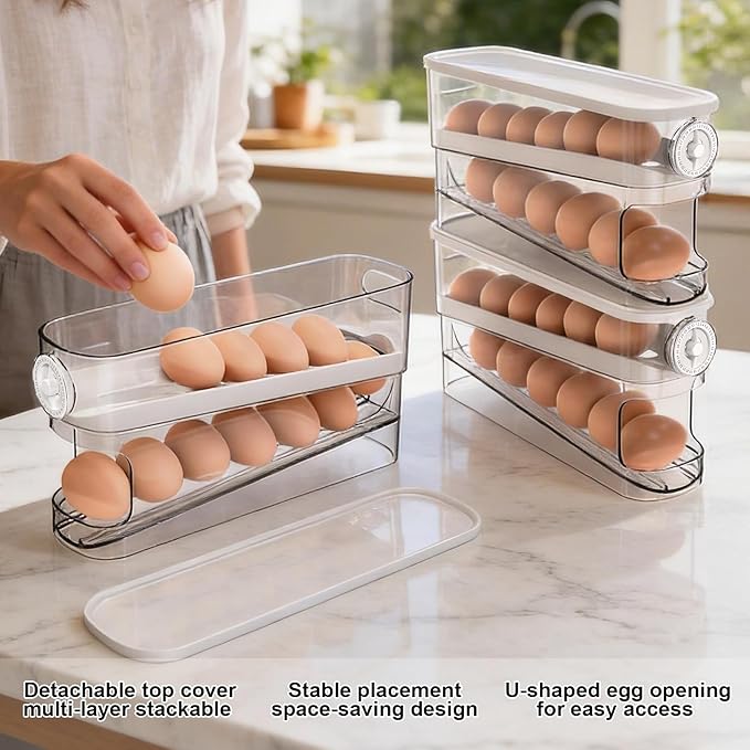 Auto Rolling Egg Holder for Fridge, Egg Dispenser/Organizer/Storage/Container with Lid & Date Timer for Refrigerator, Sturdy and Durable Space-Saving Egg Tray for 12 Large Eggs