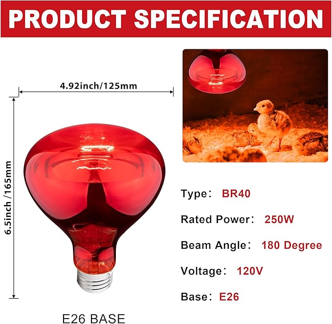 250 Watt Heat Lamp Bulbs for Chicks, R40 Heat Lamp for Chickens, Infrared Heat Bulbs for Brooder Heater, 250W Incandescent Heat for Pet, Bathroom, Food (2 Pack)