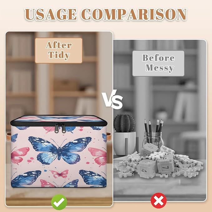 Storage Cubes with Lid Fabric Storage Bins Boxes PU Leather Handles, Colorful Butterfly Closet Organizer Container Foldable Washable Shelf Cloth Basket, Cute Butterfly