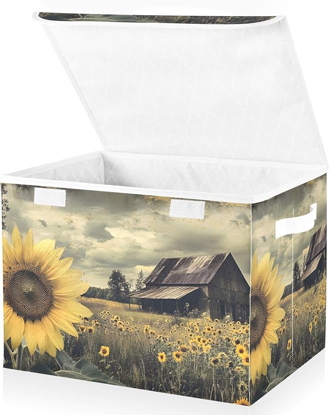 Sunflower Farm Storage Basket Bins with Lid, Collapsible Flip-top with Handle for Home Office 16.5×12.6×11.8 in