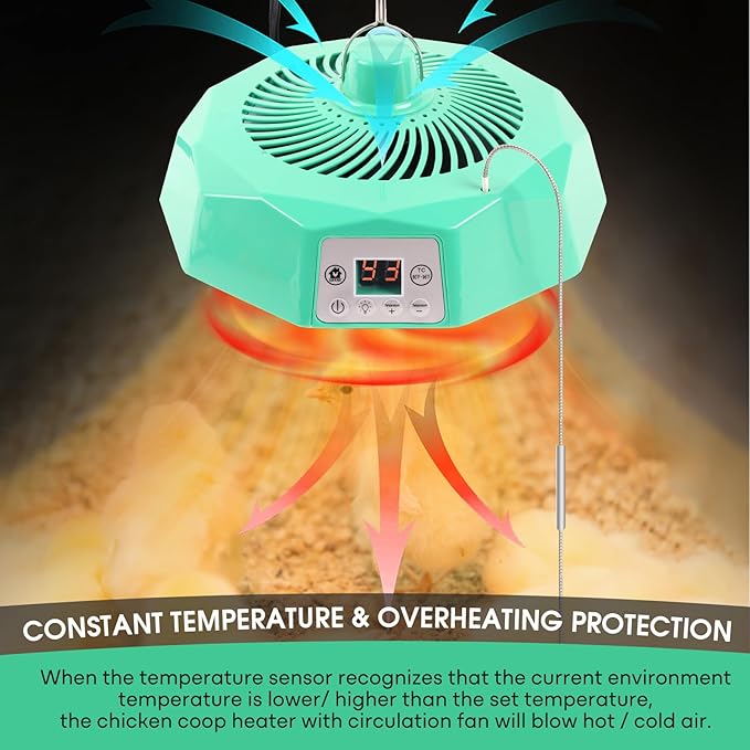 Chicken Coop Heater for Winter Chicken Coop Heater Inside Coop with Circulation Fan Power Adjustable Digital Display Chicken Brooder Lamp Warmer with Remote Control Poultry Heating Fan