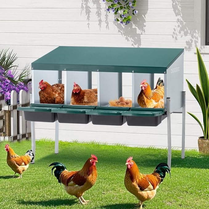 Green Chicken Nesting Box for Laying Eggs – Roll Away Poultry Nest, Durable & Easy-Clean Hen Egg Box for Coops, Secure & Comfortable (4-Hole with Legs,Green)