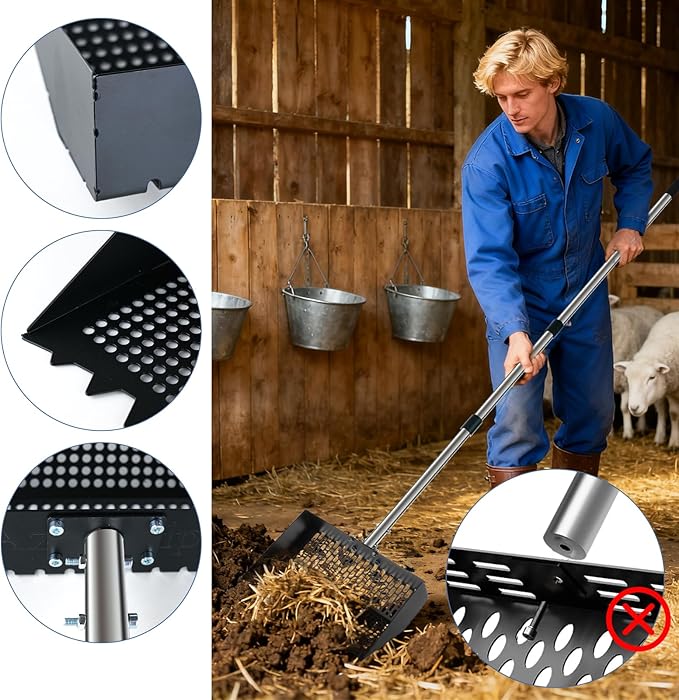 Chicken Poop Scooper and Rake, Zoned Metal Chicken Coop Scoop for Sand, 22 to 62" Adjustable Handle, Litter Sifting Shovel Cleaning Tools for Chicken Run, Animal Farm, Duck Coop