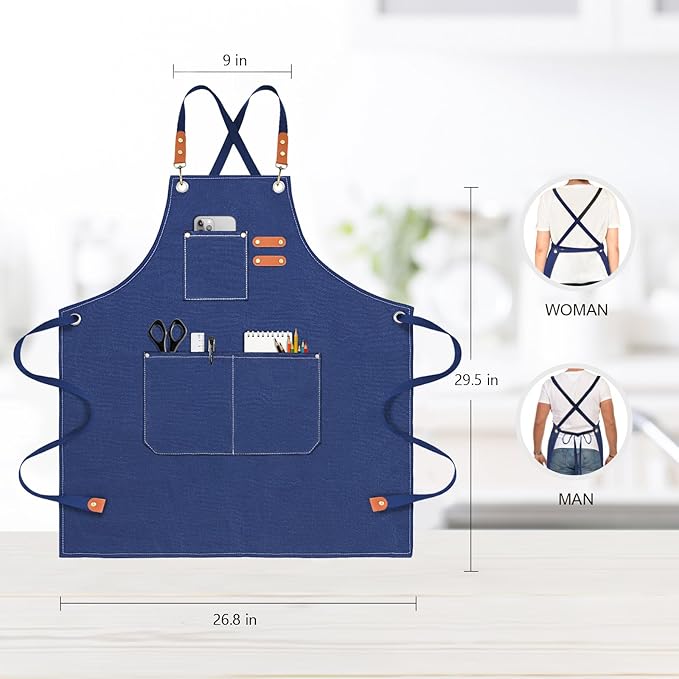 Chef Apron for Men Women Canvas Aprons with 3 Pockets Cross Back Resistant Work Apron for Cooking