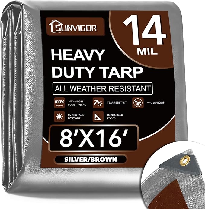 Sunvigor Tarp Waterproof 8x16Ft, Extra Thick 14 Mil Heavy Duty Tarp Cover, Tear & Fade Resistant, Outdoor Tarps with Brass Grommets and Reinforced Edges for Roof, Camping, Patio, Boat (Silver/Brown)