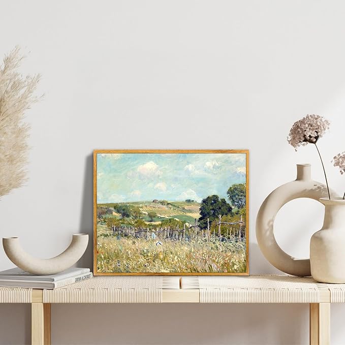 Sky Grassland Wall Art Vintage Farmhouse Pictures Nature Scenery Painting Colorful Farmhouse Artwork Countryside Canvas Wall Art Farmhouse Wildflower Painting Rustic Landscape Poster 8x10inch Framed
