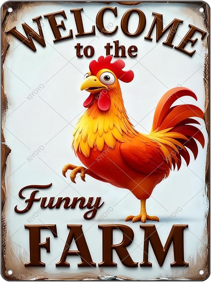 Funny Rooster Decor Sign Welcome To The Funny Farm Rustic Tin Sign for Home Farm Chicken Coop Decor 16x12 Inch