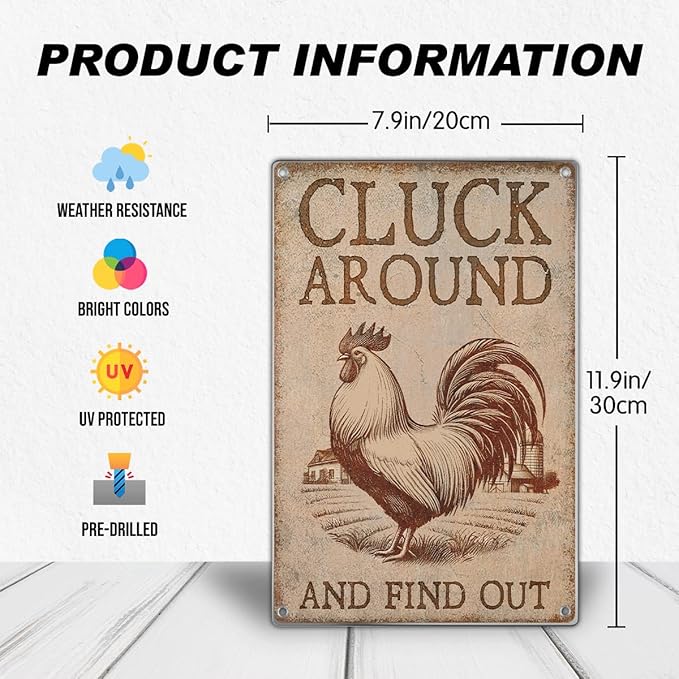 Funny Rooster Sign 'Cluck Around And Find Out' Vintage Metal Wall Plaque For Bars Pubs Man Caves Farmhouse Cafes Garages Bathrooms More Rustic Farm Style Plate 8 x 12 Inch