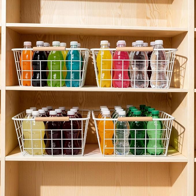 Wire Basket 4 Pcs Wire Storage Baskets Wire Baskets Organizing with Wooden Handles Wire Basket Pantry Organization and Storage Metal Wire Food Storage Basket for Kitchen, Cabinets (White 4PCS)