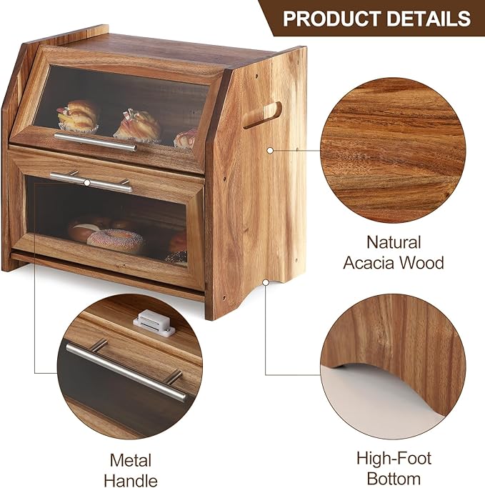 Garvee Double Layer Bread Box – Acacia Wood Bread Bin with Clear Acrylic Door & Air Vents, Rustic Countertop Bread Storage Container for Homemade Bread, Bagels, Muffins (Brown & Silver)