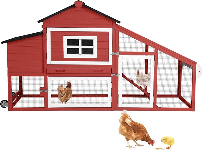 Chicken Coop for 4 Chickens, Mobile Chicken House with with Wheels, Outdoor Hen House Poultry Cage with Nesting Box, Leakproof Pull Out Tray and UV-Resistant Roof (67.3" L x 29" W x 39.4" H-R)