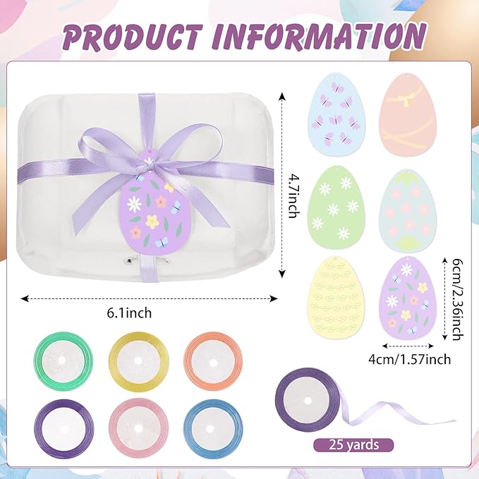 24 Pcs Half Dozen Easter Egg Cartons White Egg Holder Natural Pulp Paper for Chicken Eggs with Macaron Color Label Ribbon for Easter Gift, Arts and Crafts Reusable