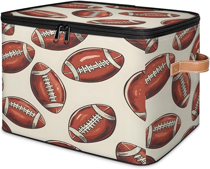 Storage Cubes with Lid Fabric Storage Bins Boxes PU Leather Handles, Rugby Football Closet Organizer Container Foldable Washable Shelf Cloth Basket, Rugby Balls Sport