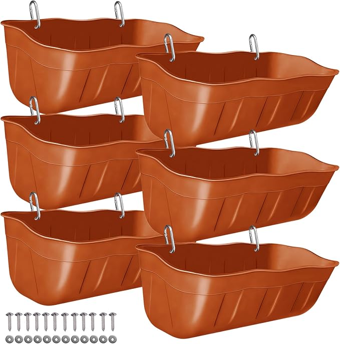 Chicken Feeder Waterer,Hanging Goat Feeders,Feed Trough 3.5 Quart 6 Pack,Hanging Fence Feed Trough for Poultry Livestock,Terracotta