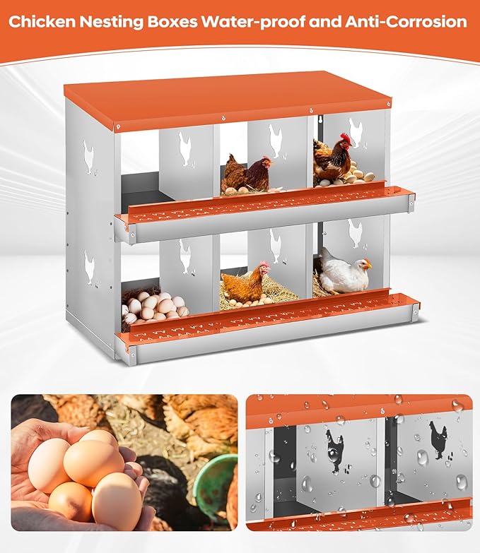 Chicken Nesting Box,6 Compartments Nesting Box for Chickens, Two-Tier Galvanized Metal Wall Mount Chicken Egg Laying Box with Large Vented Holes for Easy Egg Collection ﻿