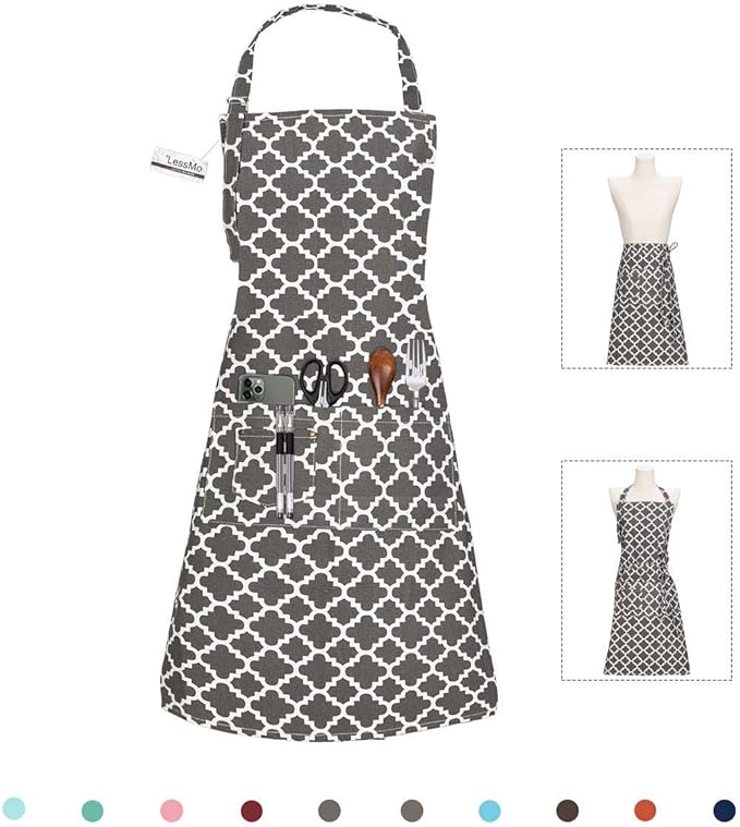 LessMo Kitchen Cooking Aprons with 3 Pockets for Men Women - Cotton Adjustable Professional Grade Chef Apron for Kitchen, BBQ & Grill (Dark Gray)