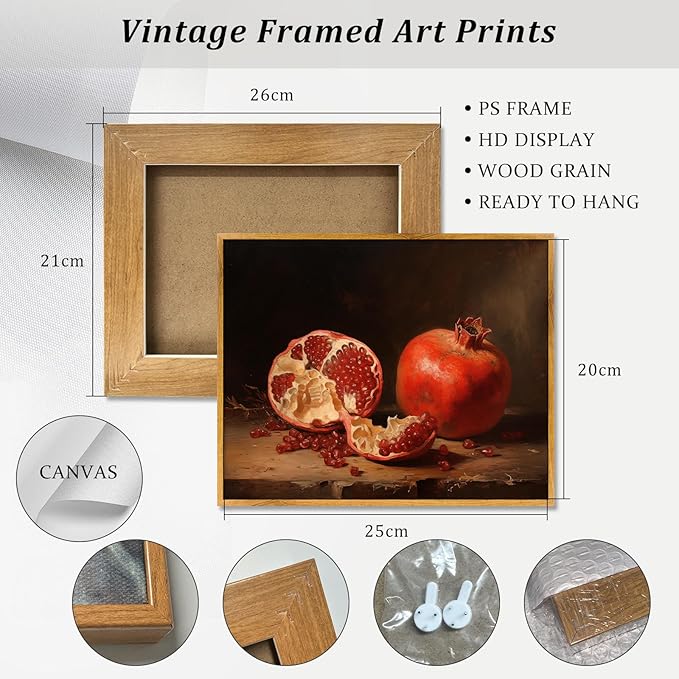 Vintage Pomegranate Print Rustic Fruit Pictures Still Life Artwork Moody Pomegranate Poster Vintage Fruit Still Life Prints Cottagecore Kitchen Wall Art Modern Farmhouse Painting Framed 8x10inch