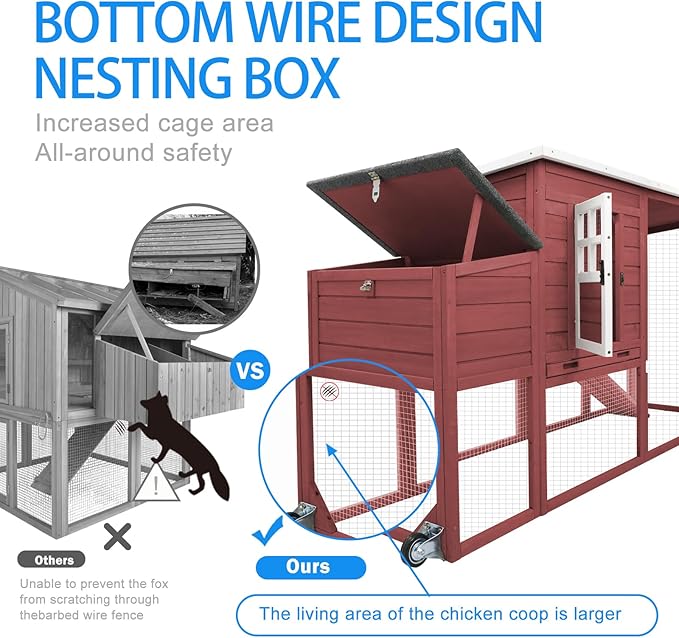 PetsCosset 75" Chicken Coop Backyard with Wheels Nesting Box Waterproof Removable Tray and Ramp Large Hen House for 1-4 Chickens