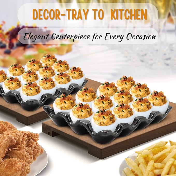 Flexzion 12 Cups Ceramic Egg Holder for Fridge - Dozen Ceramic Egg Tray Porcelain Container Storage Organizer Decorative Serving Stand Serveware for Refrigerator Countertop Display (Black, 2 Pack)
