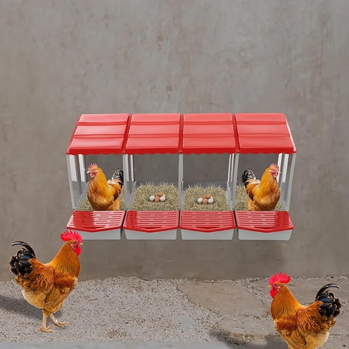 Chicken Nesting Box, 4 Compartments PP Nesting Box, Wall Mountable Nesting Boxes with Inclined Top, Drain Holes & Resting Platform for Chicken and Poultry to Collect Eggs