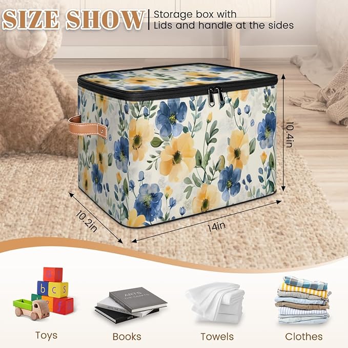 Watercolor Wildflowers Storage Bins with Lids, Blue Yellow Floral Fabric Storage Boxes with Zipper, Collapsible Decorative Closet Organizer Cube for Clothes, Organizing, Shelves