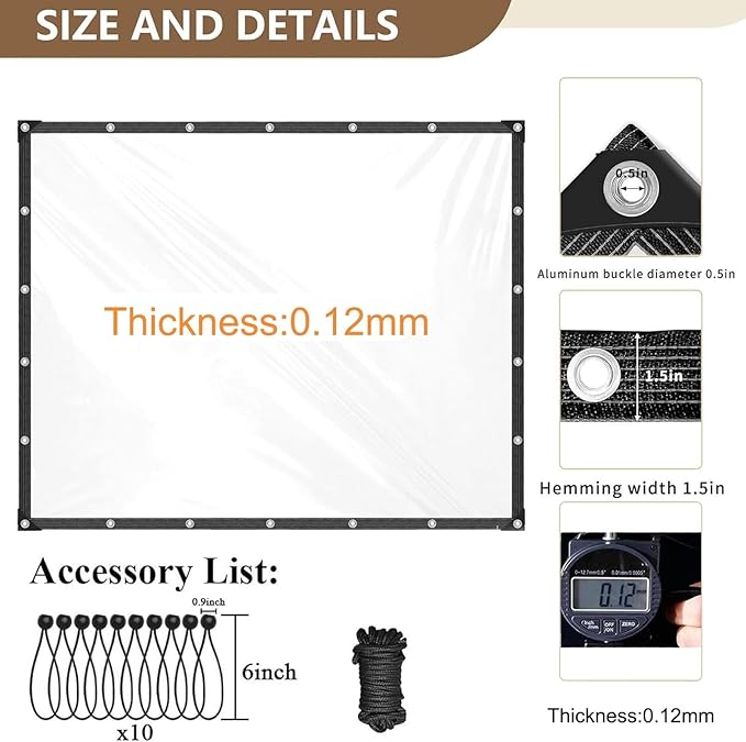 7x17 FT Heavy Duty Clear Waterproof Tarp, Transparent Vinyl Tarpaulin with Reinforced Grommets for Outdoor Garden Greenhouse, Patio, Porch, Chicken Coop, Camping Cover