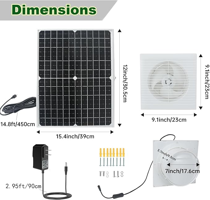 Solar Powered Fan, 9.1" Solar Exhaust Fan Kit, 25W Waterproof Chicken Coop Fans with 14.8Ft On/Off Switch Cable & Power Adapter, Cooling Ventilation for Greenhouse, Shed, Outside, Garages, Dog House