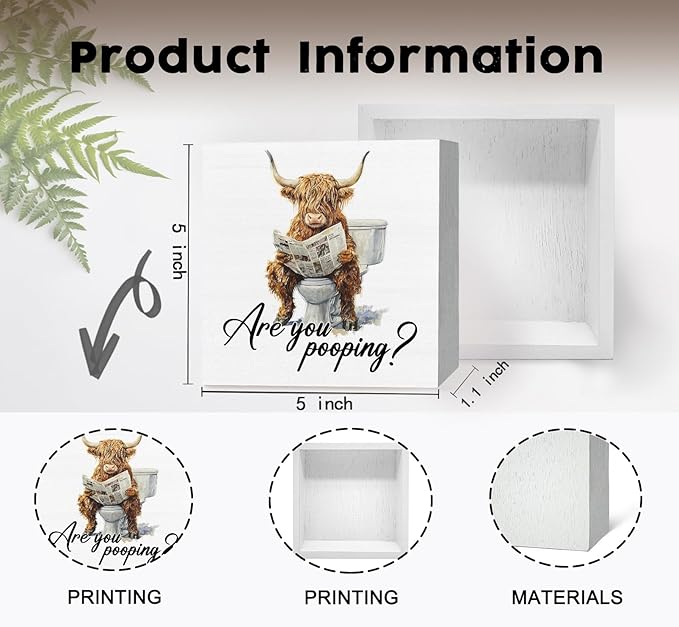Funny Highland Cow Bathroom Sign, Funny Bathroom Decor, Western Highland Cow Reading Newspaper Wood Decoration Bath Room Decor for Washroom Toilet Counter Shelf Table 5x5 Inch
