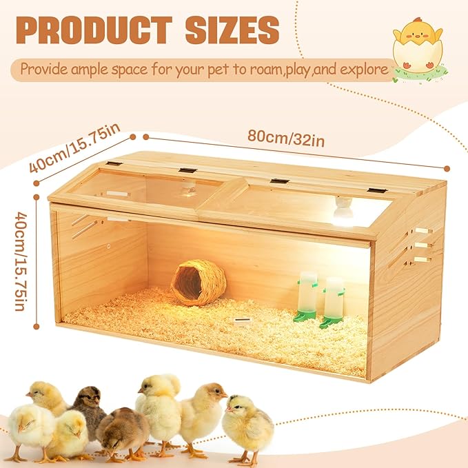 32 x 16 x 16 in Brooder Box for Chicken Quails Stand Sliding Door, Bulb Set and Feeder, Indoor Chicks Coop Brooder Box Kit, for Ducks, Hamsters, Lizards, Mice, Rat(No Legs, Wooden)