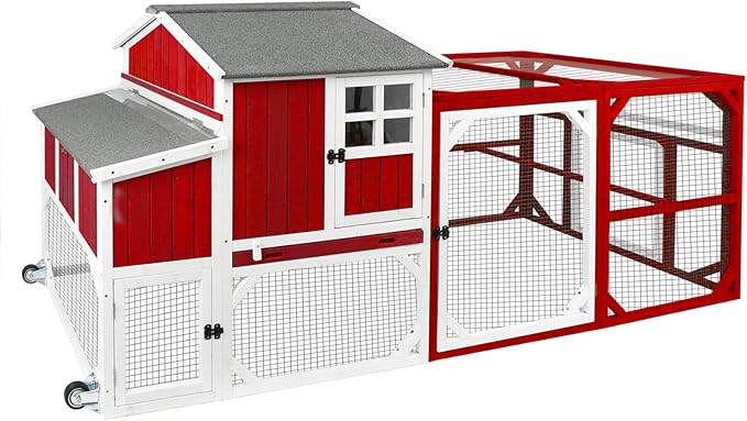 Chicken Coop Mobile Wooden Hen House with Nesting Box,95.3" L Outdoor Chicken House with Wheels and Removable Tray,Fir Wood Chicken Tractor with 6 Ventilation Door,Ramp(Red)
