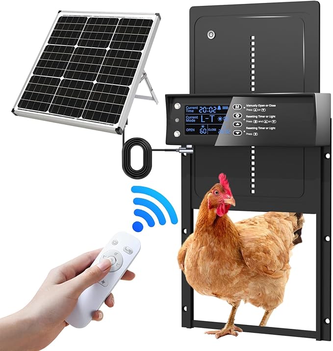 Automatic Chicken Coop Door, Solar Powered Aluminum Chick Coops Doors Opener with Timer & Light Sensor, Anti-Pinch, Remote Control 4 Modes Auto Coop Doors for Chicken