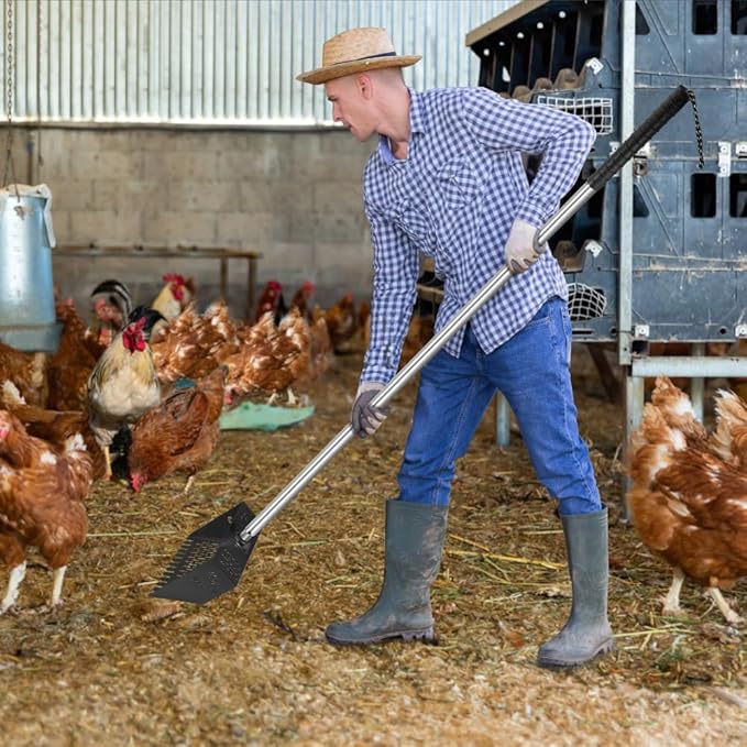 Heavy Duty Chicken Coop Rake and Scoop, 15 Inch Extra Large Chicken Coop Rake with Adjustable Stainless Steel Handle (25 to 73 Inch)，Metal Multi-Use Cleaning Shovel for Coops, Beach（Black）