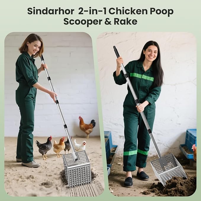 Stainless Steel Chicken Poop Scooper & Rake - Heavy-Duty 2-in-1 Sand Sifter Shovel with Long Handle Adjustable Length for Coops & Small Farms