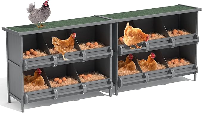 2-Tier Nesting Boxes for Chickens, 6-Compartment, Wooden Chicken Nesting Box for Poultry, Chicken Laying Boxes with Perch, Solid Wood Egg Laying Box for Hens (Pack of 2)